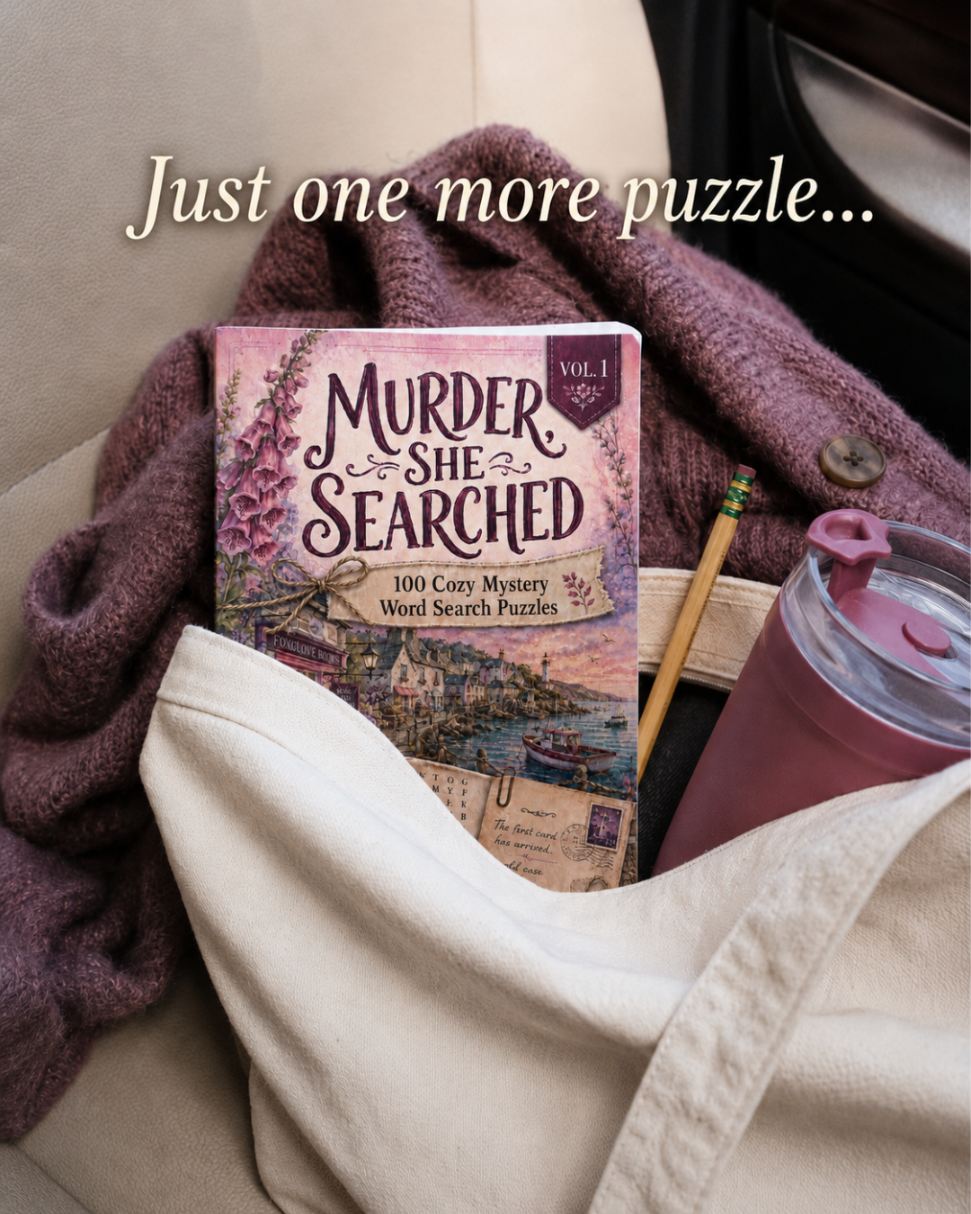 Murder, She Searched cozy murder mystery word search puzzle book interior and reader lifestyle image