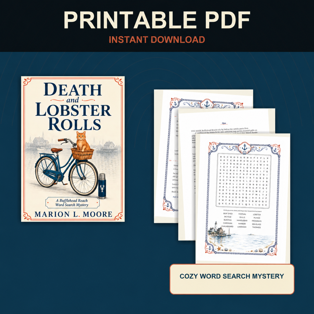 PageTurn Puzzles printable preview hero with correct cover: death-and-lobster-rolls-printable-pdf