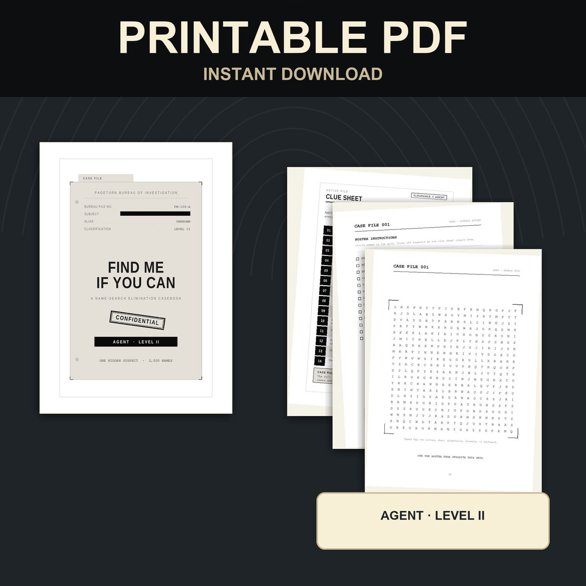 PageTurn Puzzles printable preview hero: find-me-if-you-can-agent-level-ii-printable-pdf