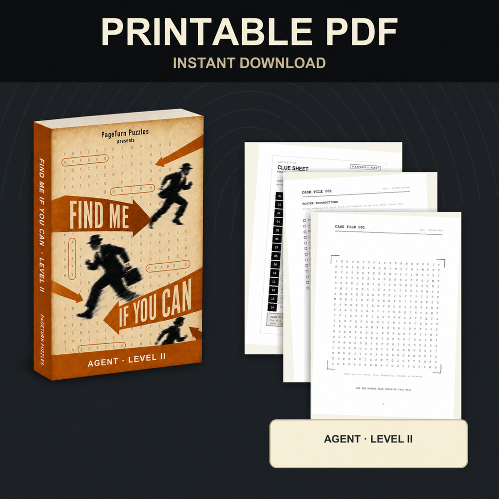 PageTurn Puzzles printable preview hero with correct cover: find-me-if-you-can-agent-level-ii-printable-pdf