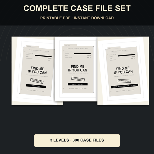 PageTurn Puzzles printable preview hero: find-me-if-you-can-complete-case-file-set-printable-pdf-bundle