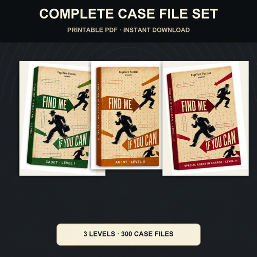 PageTurn Puzzles printable preview hero with correct cover: find-me-if-you-can-complete-case-file-set-printable-pdf-bundle