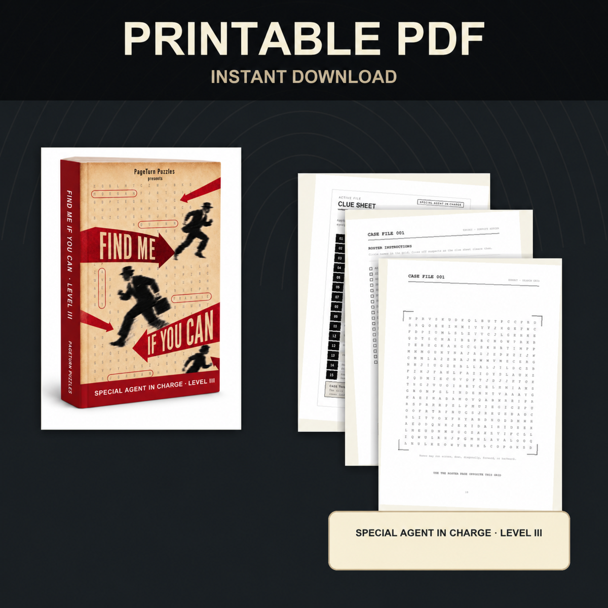 PageTurn Puzzles printable preview hero with correct cover: find-me-if-you-can-special-agent-in-charge-level-iii-printable-pdf