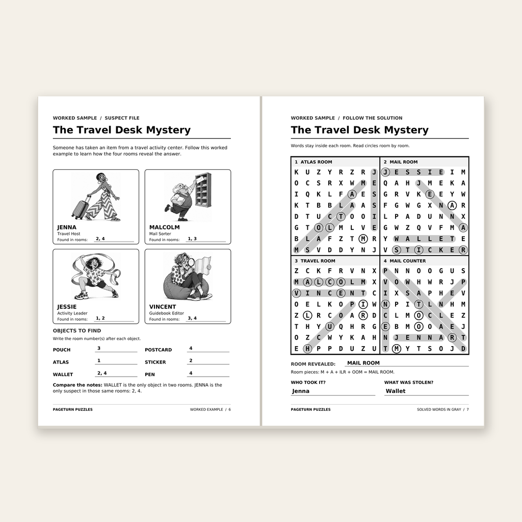 The Great Case Chase: World Traveler — original worked-example pages, open-book flatlay