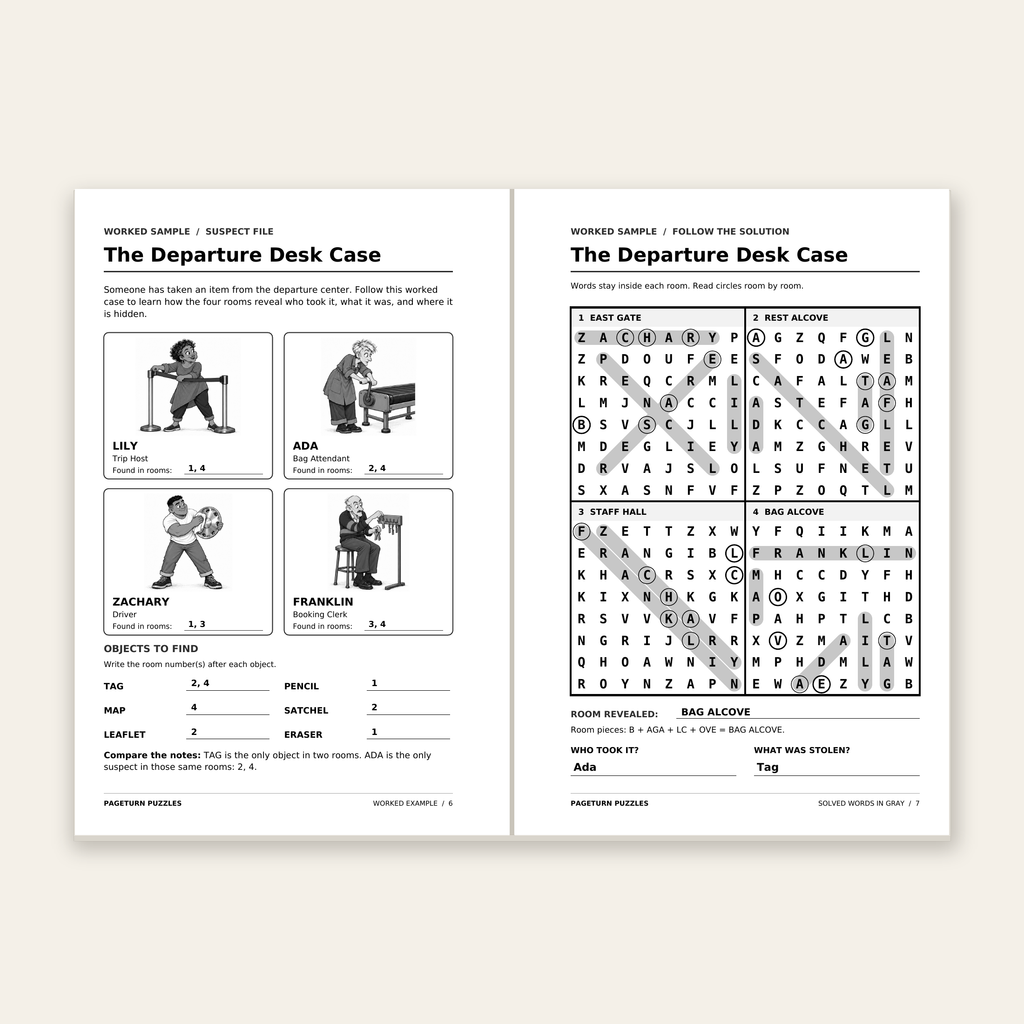 The Great Case Chase: On the Move — original worked-example pages, open-book flatlay