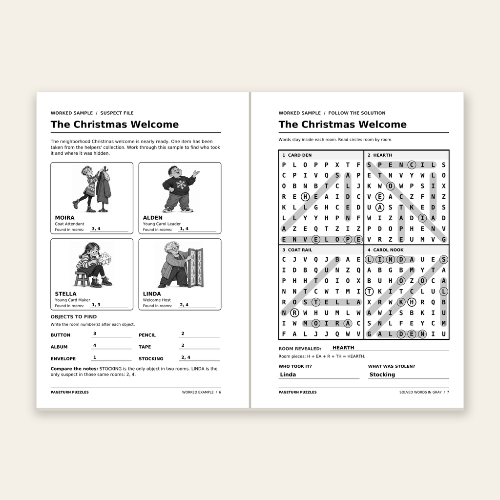 The Great Case Chase: The Christmas Case Files — original worked-example pages, open-book flatlay