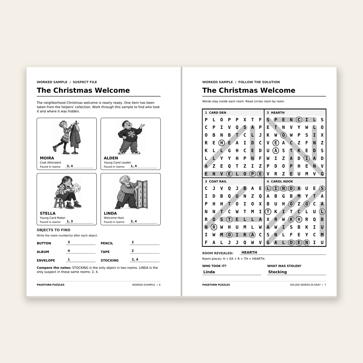 The Great Case Chase: The Christmas Case Files — original worked-example pages, open-book flatlay