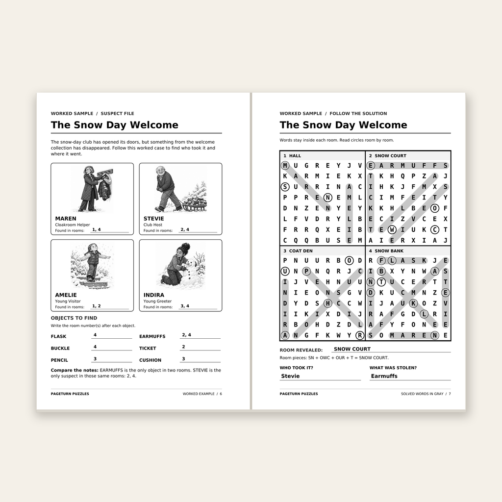 The Great Case Chase: Winter Wonderland — original worked-example pages, open-book flatlay