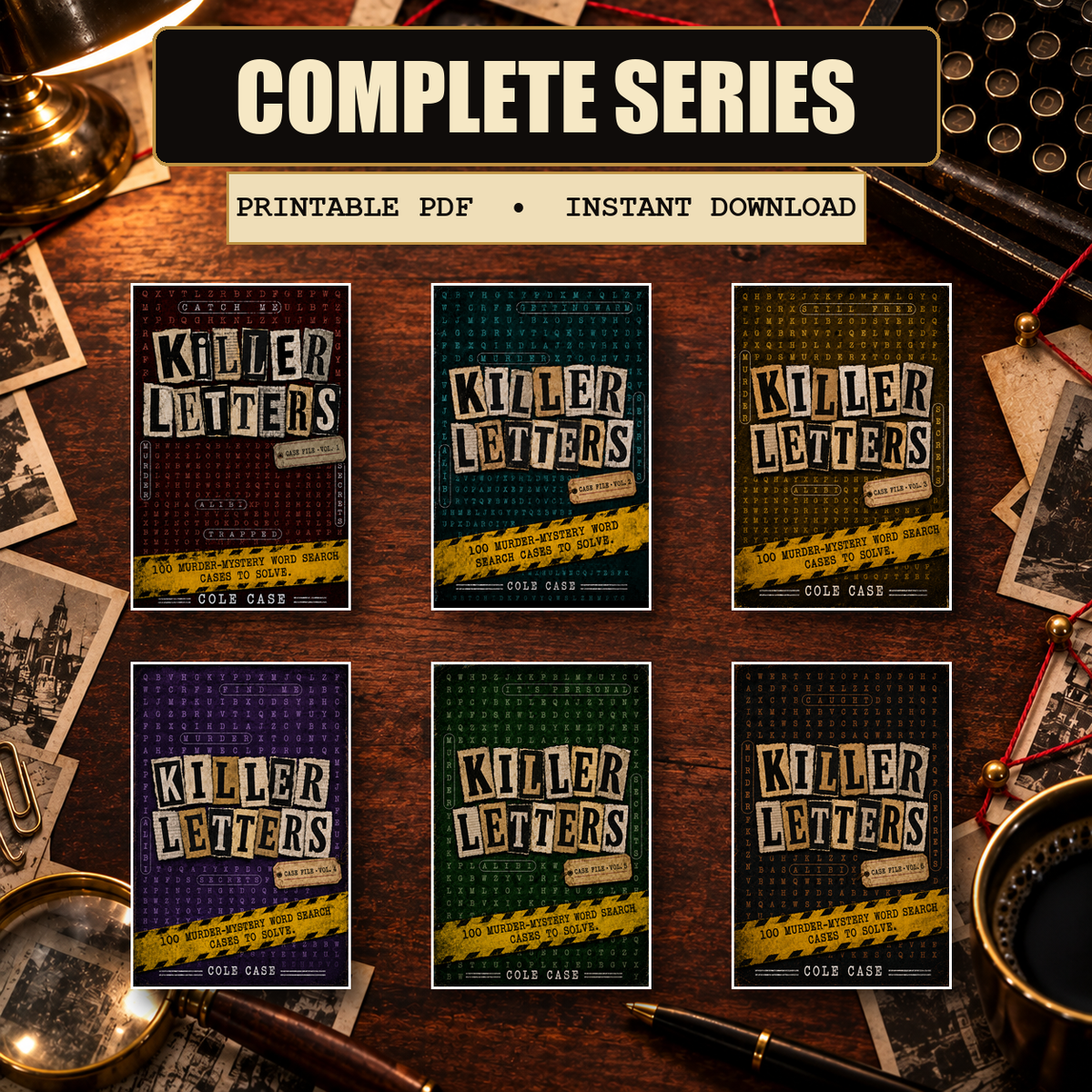 PageTurn Puzzles printable preview hero: killer-letters-complete-case-vols-1-6-printable-pdf-bundle