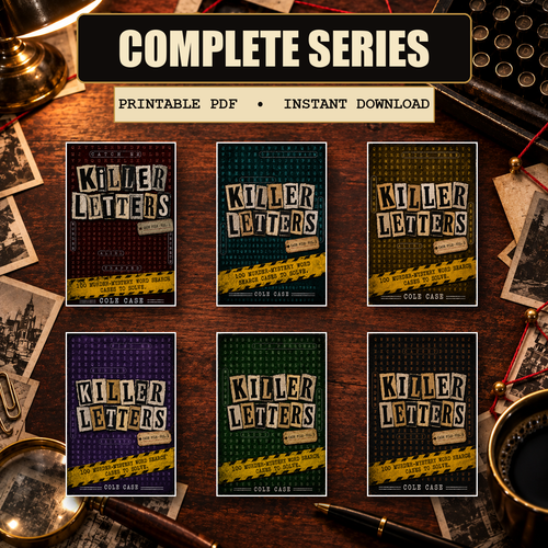 PageTurn Puzzles printable preview hero: killer-letters-complete-case-vols-1-6-printable-pdf-bundle