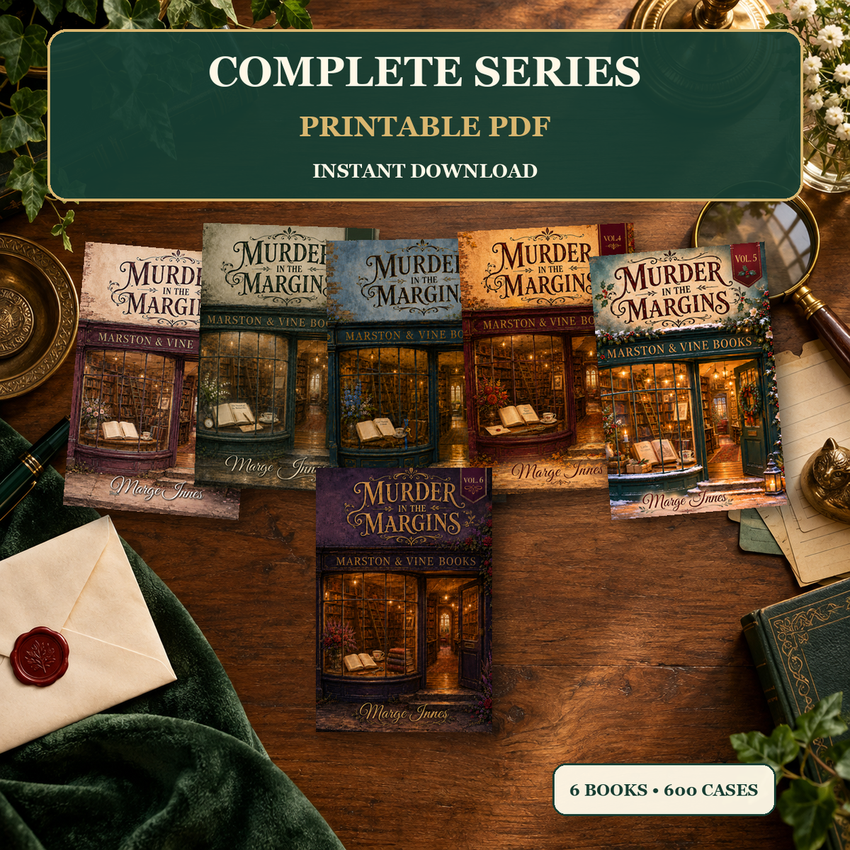 PageTurn Puzzles printable preview hero: murder-in-the-margins-complete-set-printable-pdf-bundle