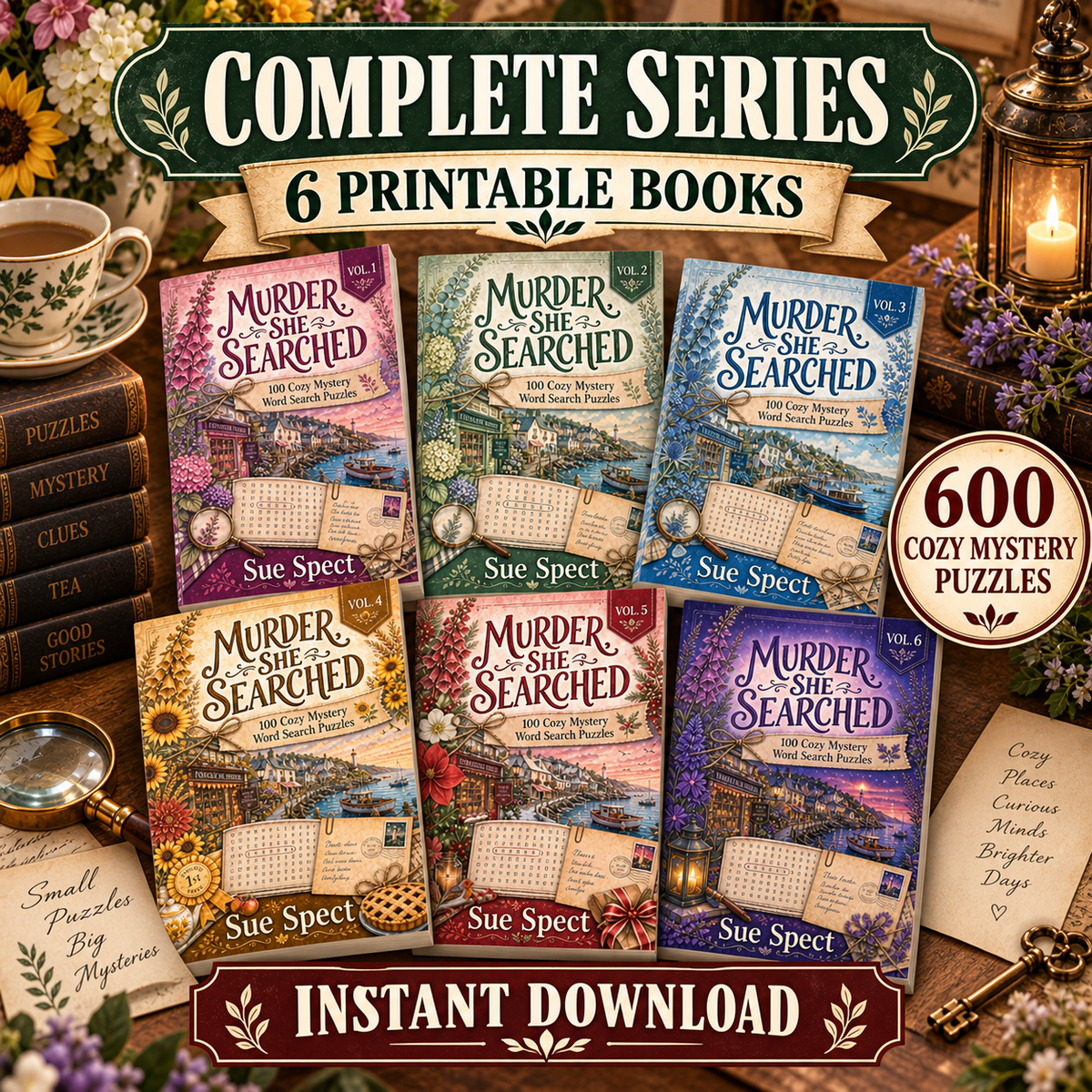 Murder, She Searched complete printable series bundle, six books and 600 puzzles